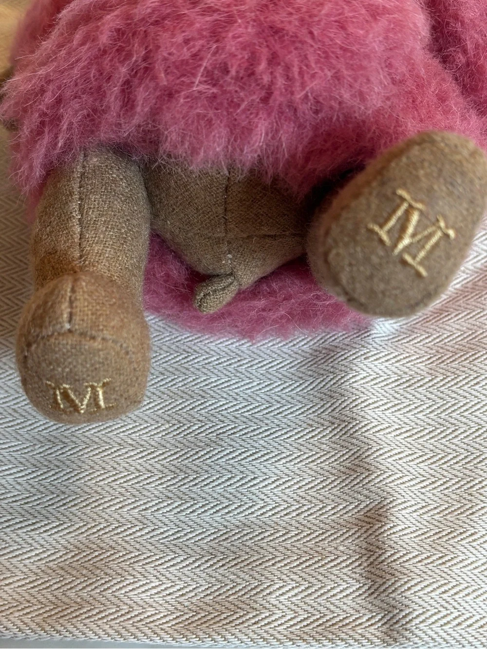 MaxMara Brown Bear Bag Charm with Pink Wool Fur Coat and Gold Hardware